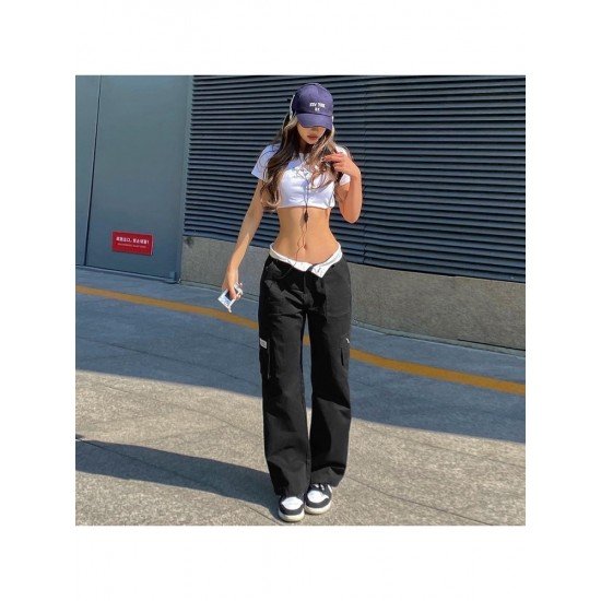 Black Straight Leg High Waist Patchwork Jean Trousers