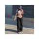 Black Straight Leg High Waist Patchwork Jean Trousers