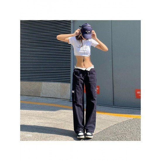 Black Straight Leg High Waist Patchwork Jean Trousers