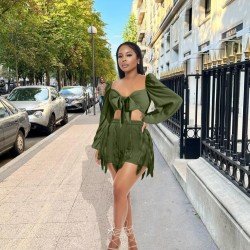  Puff Shoulder Strappy Top And Tassels Shorts Set