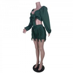  Puff Shoulder Strappy Top And Tassels Shorts Set