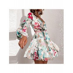 Vacation Printed Ruffles Lantern Sleeve Short Dress Vacation Printed Ruffles Lantern Sleeve Short Dress