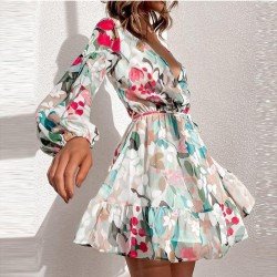 Vacation Printed Ruffles Lantern Sleeve Short Dress