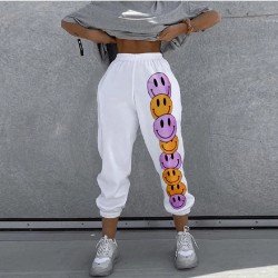 White Smiling Face Printed Sports Trousers For Women