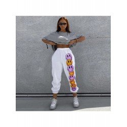 White Smiling Face Printed Sports Trousers For Women