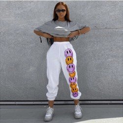 White Smiling Face Printed Sports Trousers For Women