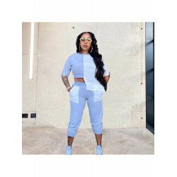 Contrast Color Patchwork Top And Trouser Women's Set  Contrast Color Patchwork Top And Trouser Women's Set