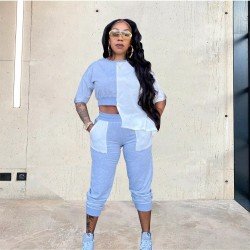  Contrast Color Patchwork Top And Trouser Women's Set