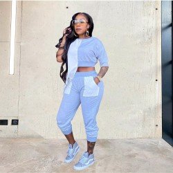  Contrast Color Patchwork Top And Trouser Women's Set