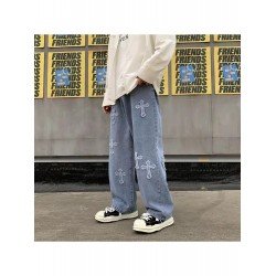 Patchwork Cross Wide Leg Blue Jeans For Women Patchwork Cross Wide Leg Blue Jeans For Women