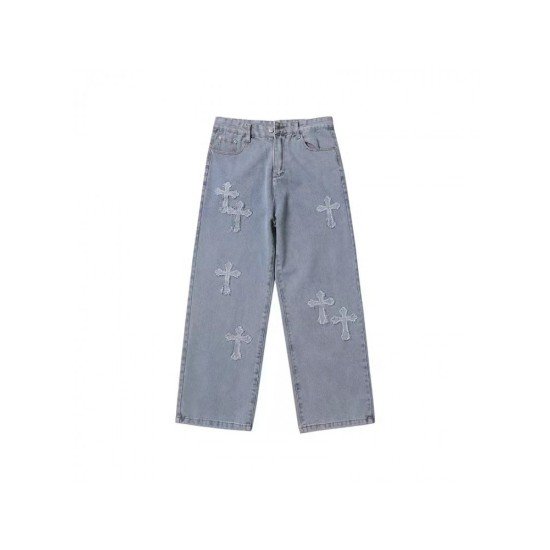 Patchwork Cross Wide Leg Blue Jeans For Women