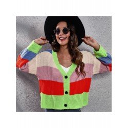 Casual Loose V Neck Contrast Color Knitted Sweater  Casual Loose V Neck Contrast Color Knitted Sweater