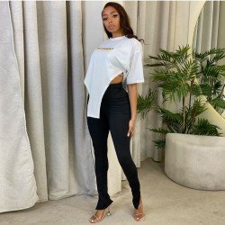  Casual Round Neck Letter Printing Irregular T-Shirt