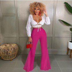 Irregular Ladies White Elastic Waist Flare Trousers 