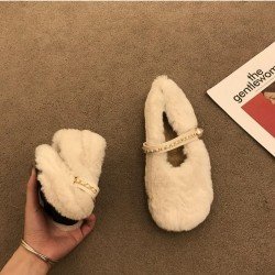  Pure Color Plush Women's Fur Flat Shoes