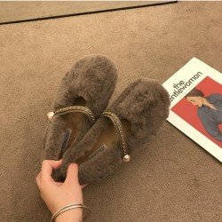  Pure Color Plush Women's Fur Flat Shoes