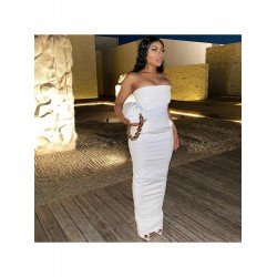 Ladies White Zipper Up Pockets Strapless Maxi Dress Ladies White Zipper Up Pockets Strapless Maxi Dress