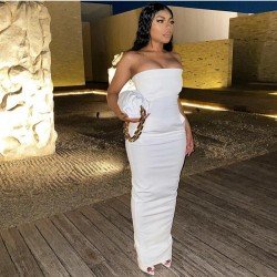 Ladies White Zipper Up Pockets Strapless Maxi Dress