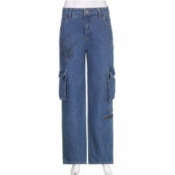  Street High Waist Goldfish Embroidered Denim Jeans