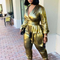  Pure Color V Neck Gilded Women's Jumpsuit