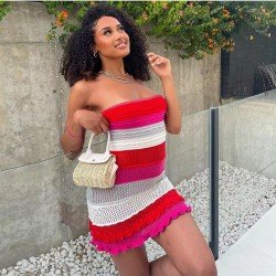 Trendy Solid Striped Strapless Bodycon Short Dress