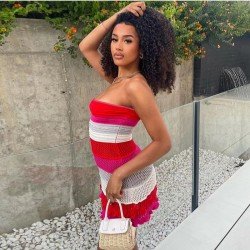 Trendy Solid Striped Strapless Bodycon Short Dress