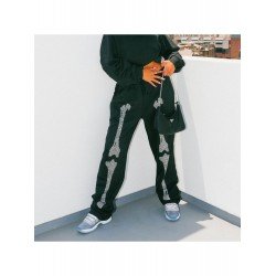 Hot Drilling Black Drawstring Trousers For Women