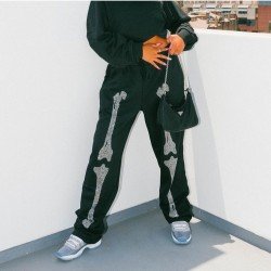 Hot Drilling Black Drawstring Trousers For Women