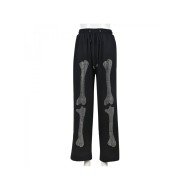 Hot Drilling Black Drawstring Trousers For Women