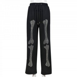 Hot Drilling Black Drawstring Trousers For Women