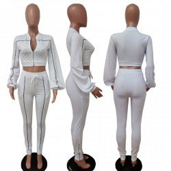  Pure Color Zipper Top And Trouser Women's Sets