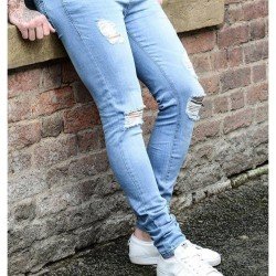 Men Black Ripped Pencil Jean Trousers