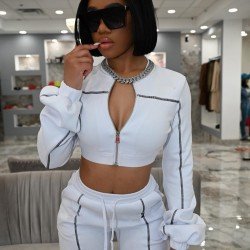  Pure Color Zipper Top And Trouser Women's Sets