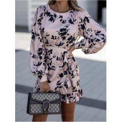 Casual Round Neck Lantern Sleeve Women's Short Dress  Casual Round Neck Lantern Sleeve Women's Short Dress