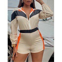 Casual Colorblock Hooded Zipper Women's Rompers  Casual Colorblock Hooded Zipper Women's Rompers