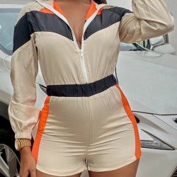  Casual Colorblock Hooded Zipper Women's Rompers
