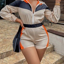  Casual Colorblock Hooded Zipper Women's Rompers