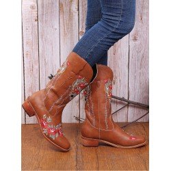 Round Toe Embroidery Women's Leather Medium Boots  Round Toe Embroidery Women's Leather Medium Boots