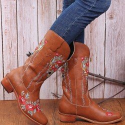  Round Toe Embroidery Women's Leather Medium Boots