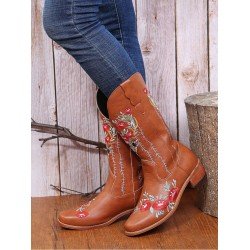Round Toe Embroidery Women's Leather Medium Boots  Round Toe Embroidery Women's Leather Medium Boots