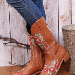  Round Toe Embroidery Women's Leather Medium Boots