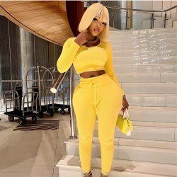  Pure Color Round Neck Top And Trouser Women's Sets