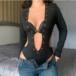  Sexy Hollowed Out Ring Patchwork Women's Bodysuits