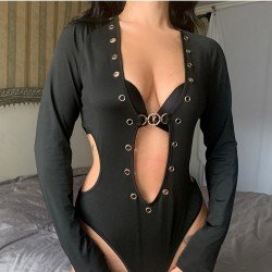  Sexy Hollowed Out Ring Patchwork Women's Bodysuits