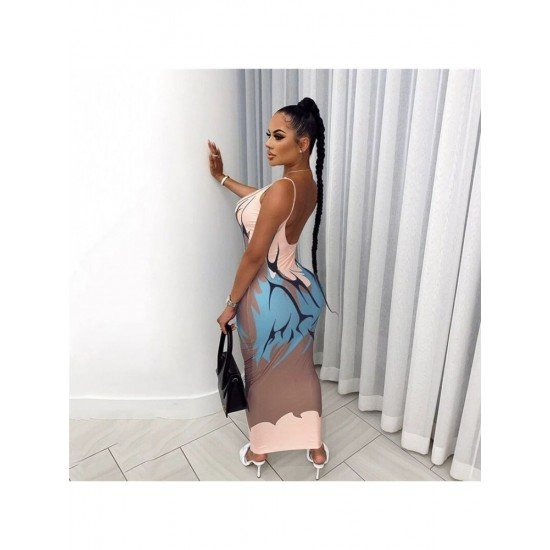 Sexy Backless Printed Sleeveless Spaghetti Straps Maxi Dress