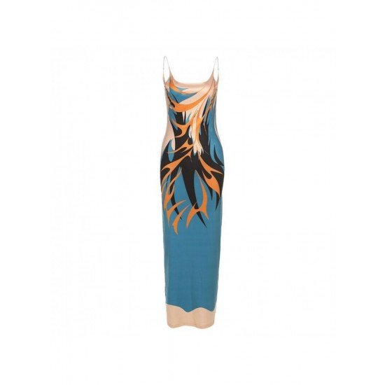 Sexy Backless Printed Sleeveless Spaghetti Straps Maxi Dress