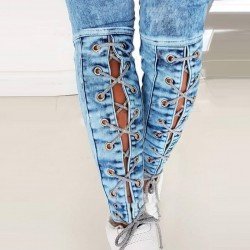  Pure Color Patchwork Denim Jeans For Women
