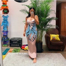 Sexy Backless Printed Sleeveless Spaghetti Straps Maxi Dress