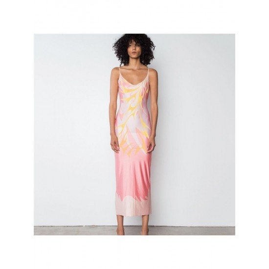 Sexy Backless Printed Sleeveless Spaghetti Straps Maxi Dress