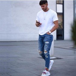 High Waist Blue Ripped Loose Pencil Jeans For Men